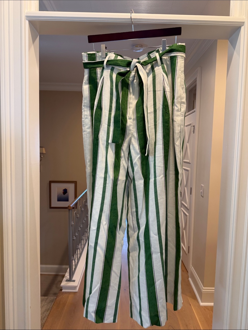 Ann Taylor Green black and White Vertical Stripe Tie-Waist linen palazzo Pants